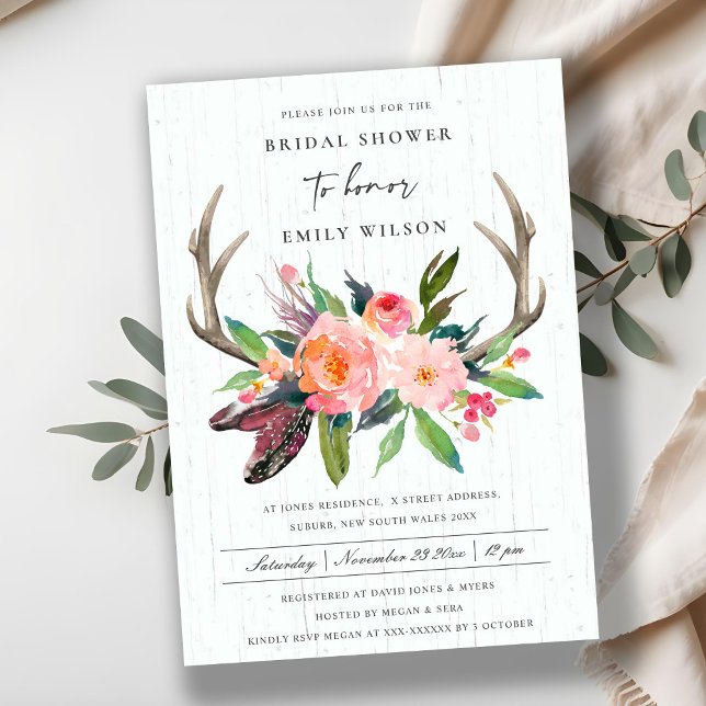 Invitación Moda DE MADERA BOHO RUBOR ANTLER FLORAL BRIDAL DUC (Subido por el creador)