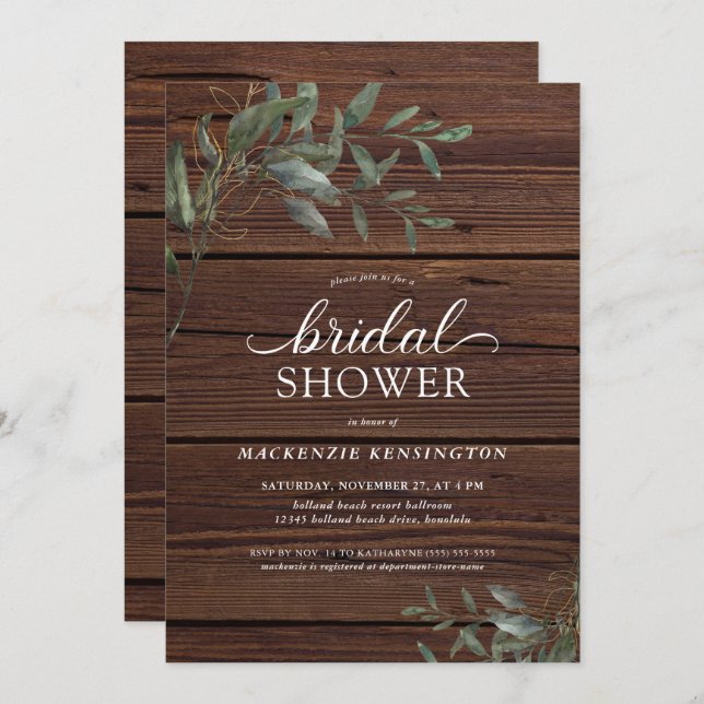 Invitación Moda de madera rústica Eucalyptus Greenery Bridal  (Anverso / Reverso)