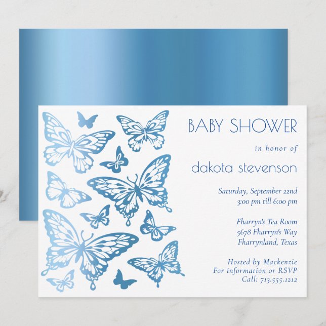 Invitación Moda de mariposa | Classic Blue Shine Baby Shower (Anverso / Reverso)