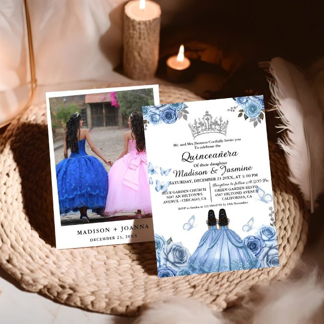 Invitación Moda de mariposa floral azul turbia Quinceanera (Subido por el creador)