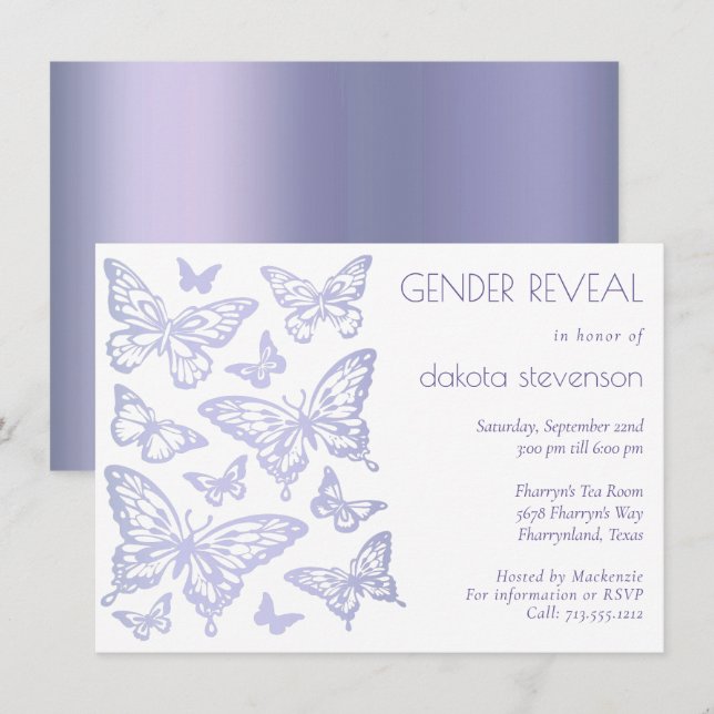 Invitación Moda de mariposa | Revelación de género morado de  (Anverso / Reverso)
