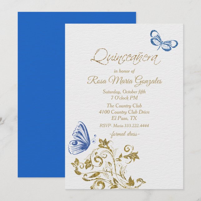 Invitación Moda de mariposas azules Quinceanera (Anverso / Reverso)