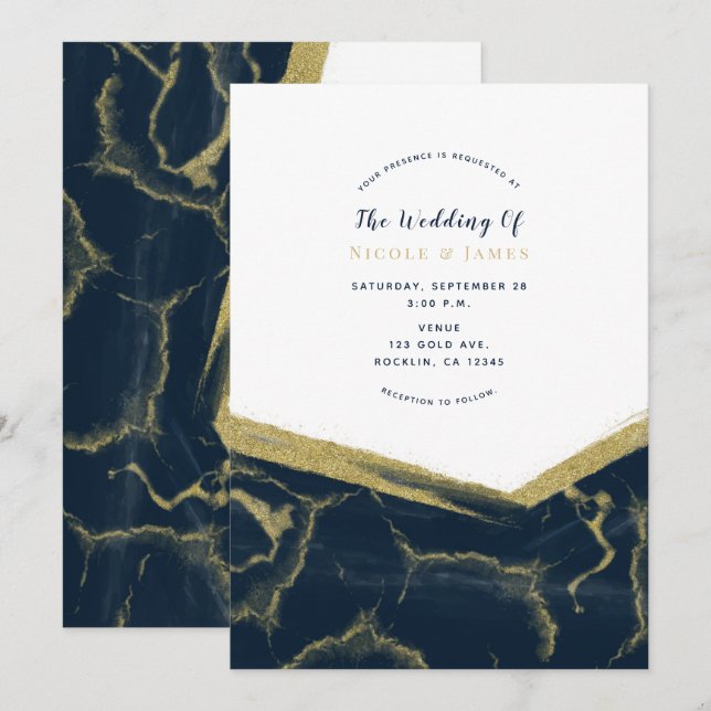 Invitación Moda de mármol azul y oro oscuro Boda moderno (Anverso / Reverso)
