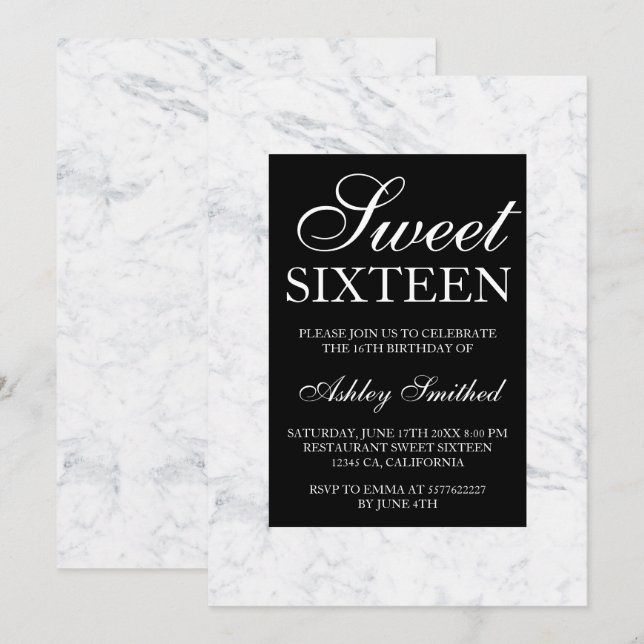 Invitación Moda de mármol blanco y negro de la ropa Sweet 16 (Anverso / Reverso)