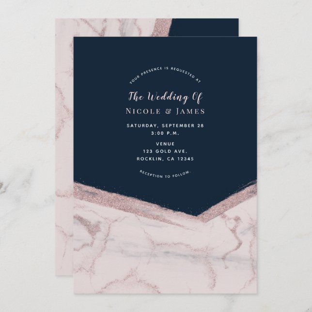 Invitación Moda de mármol rosa y azul oscuro Boda moderno (Anverso / Reverso)