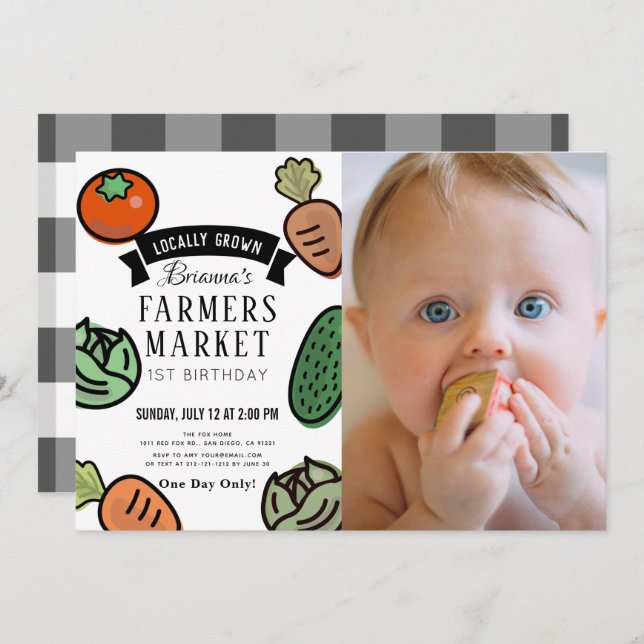 Invitación Moda de mercado foto blanca de primer cumpleaños (Anverso / Reverso)