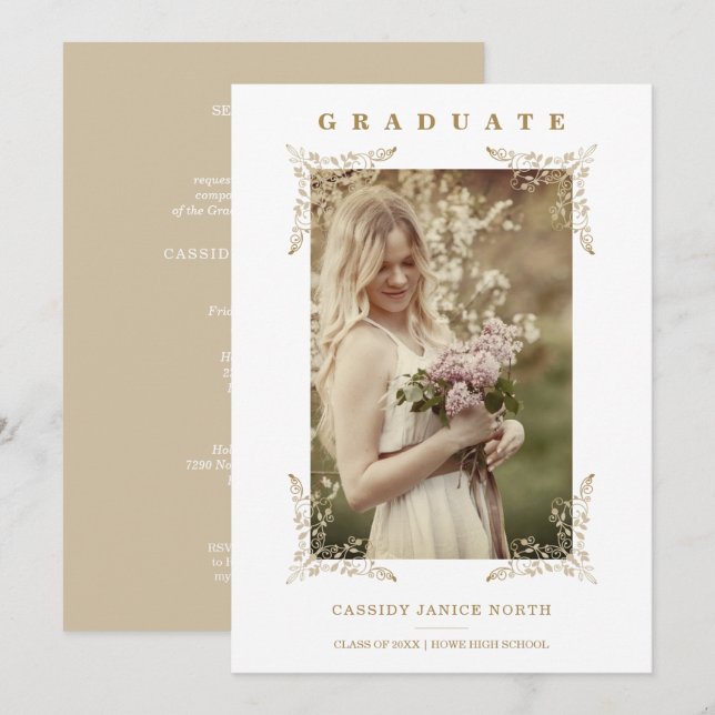 Invitación Moda de moda Golden Lace Romantic Graduate Photo (Anverso / Reverso)