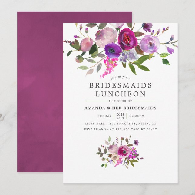 Invitación Moda de moda Watercolor Floral Bridesmaids Luncheo (Anverso / Reverso)