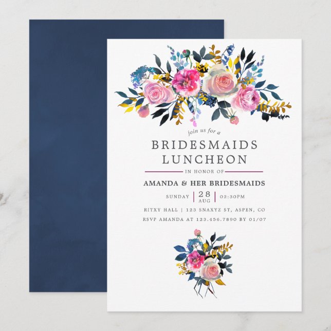 Invitación Moda de moda Watercolor Floral Bridesmaids Luncheo (Anverso / Reverso)