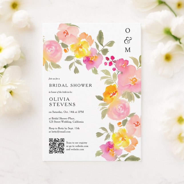 Invitación Moda de monograma floral Código Qr foto ducha de n (Floral monogram chic Qr code photo bridal shower Invitation)