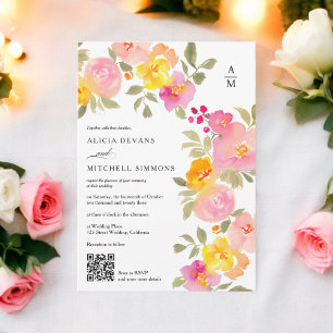 Invitación Moda de monograma floral Código Qr y boda fotográf