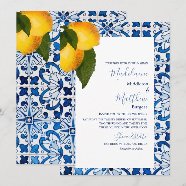 Invitación Moda de mosaico de limón azul Boda elegante (Anverso / Reverso)