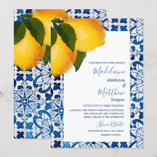 Invitación Moda de mosaico mediterráneo azul limón Boda elega