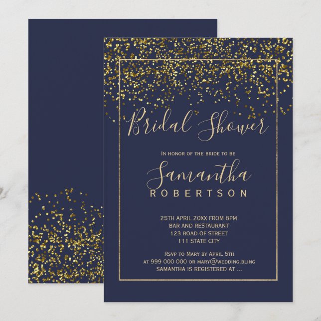 Invitación Moda de oro confetti azul marino ducha de novia (Anverso / Reverso)