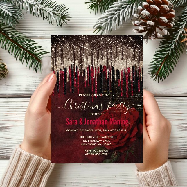 Invitación Moda de oro de flores rojas gotea purpurinas Navid (Subido por el creador)
