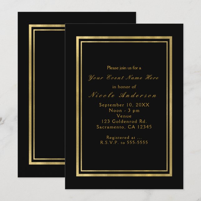 Invitación Moda de oro de Relieve metalizado negro y falso in (Anverso / Reverso)