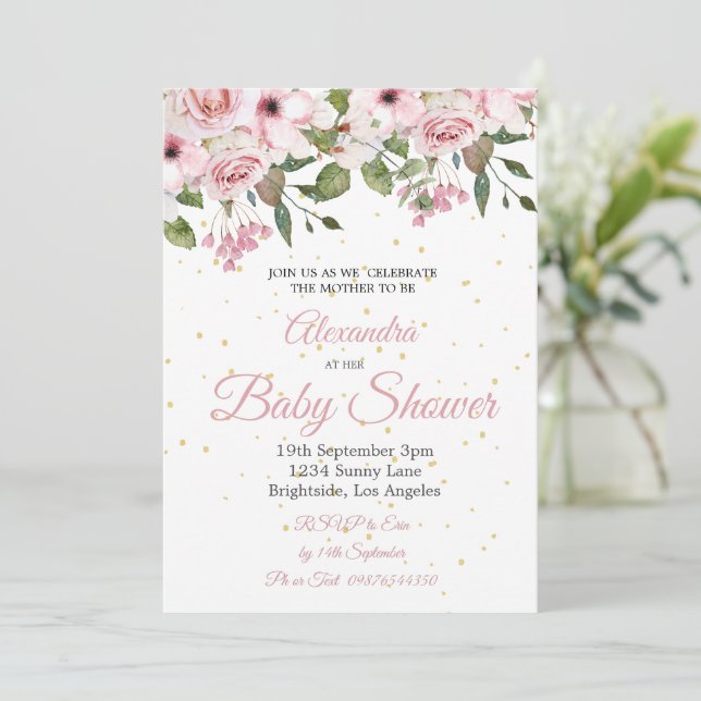 Invitación Moda de oro floral rosa Baby Shower (Anverso de pie)