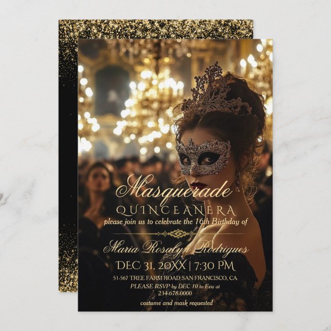 Invitación Moda de oro Masquerade Quinceanera Foto (Anverso / Reverso)