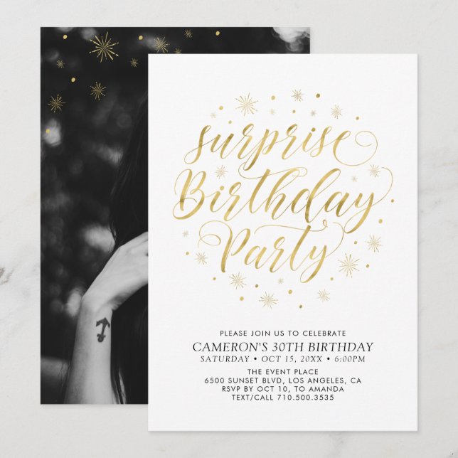 Invitación Moda de oro moderna Sorpresa Foto Fiesta de cumple (Anverso / Reverso)
