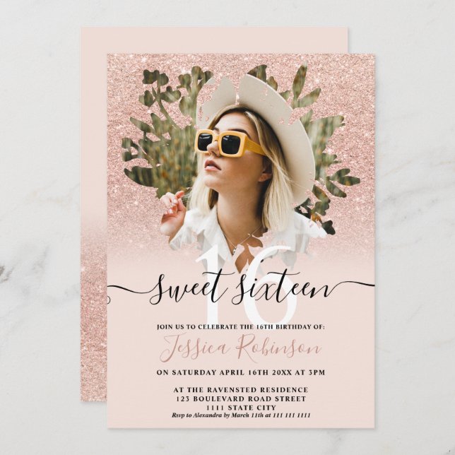 Invitación moda de oro Rosa purpurina foto oscura floral Dulc (Anverso / Reverso)