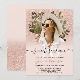 Invitación moda de oro Rosa purpurina foto oscura floral Dulc