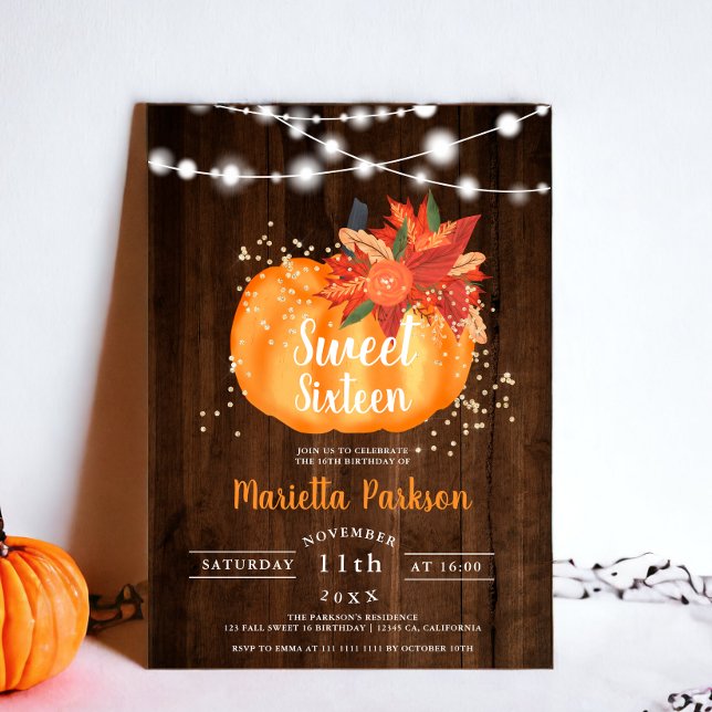 Invitación Moda de oro rústico luces de madera floral otoño S (Rustic gold chic floral wood lights fall Sweet 16 Invitation)