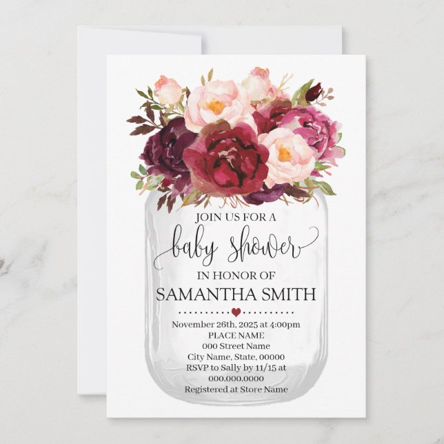 Invitación Moda de país de Baby Shower Marsala Floral Mason J (Anverso)