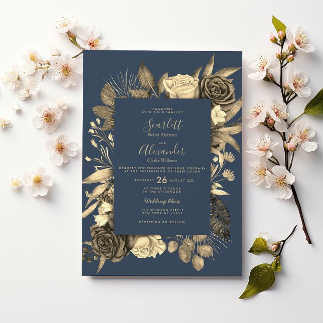 Invitación Moda de país mauve oro azul Boda floral (Country chic mauve blue gold floral Wedding )