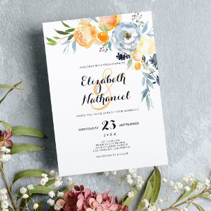 Invitación Moda de país naranja boda floral azul blanco