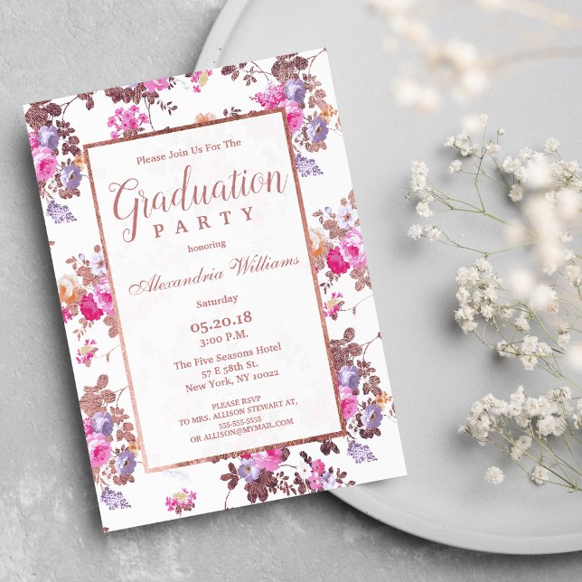 Invitación Moda de país rosa rosa oro floral Graduación (Country chic pink rose gold floral Graduation )