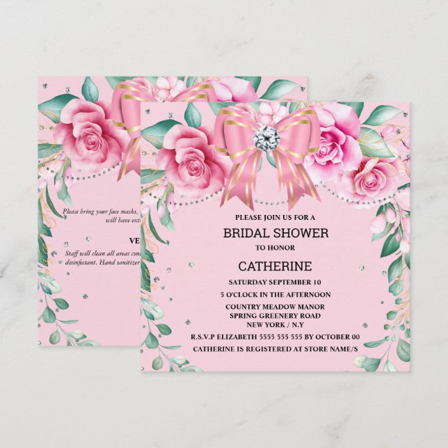 Invitación Moda de país rosa rosa satinado arco purpurina gla (Anverso / Reverso)