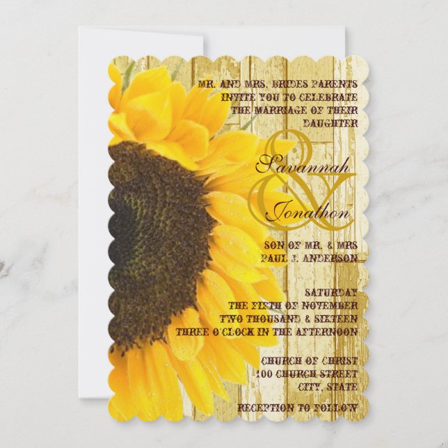 Invitación Moda de país ruso Boda de girasol de madera de gra (Anverso)