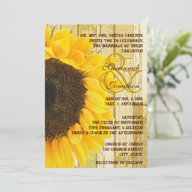 Invitación Moda de país ruso Boda de girasol de madera de gra (Anverso de pie)