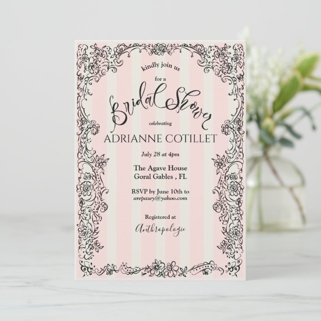 Invitación Moda de París Ornate Tiras Rosa Ducha Bridal (Anverso de pie)