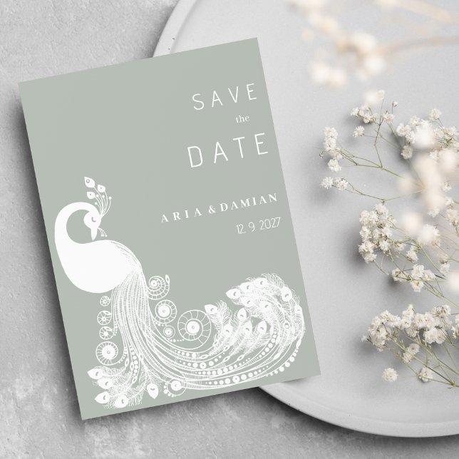Invitación Moda de pavo real de la menta de la menta de pavo  (Pastel mint white royal peacock chic Save the Date)
