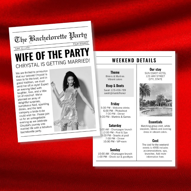 Invitación Moda de periódico Bachelorette Weekend Itinerary (Newspaper Chic Bachelorette Weekend Itinerary Invitation)