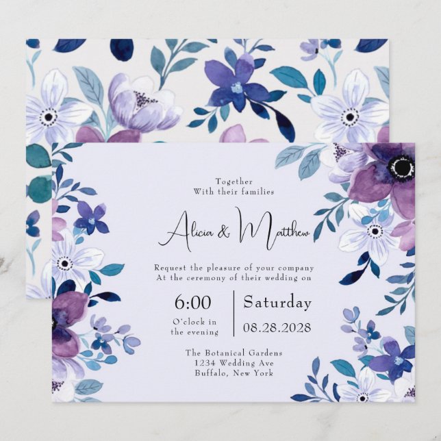 Invitación Moda de primavera pintada morado y Verde azulado B (Anverso / Reverso)