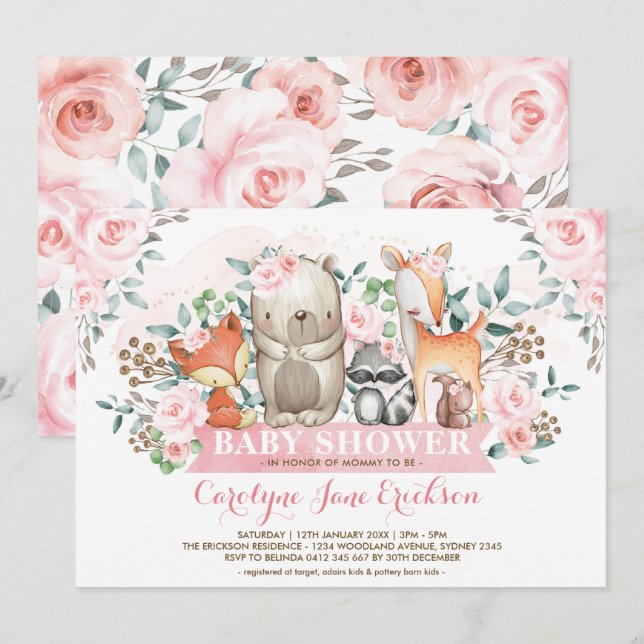 Invitación Moda de rosas rosas rosadas de animales de las Tie (Anverso / Reverso)
