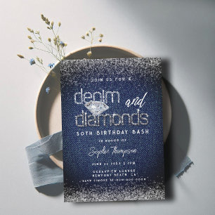 Invitación Moda de tipografía denim Diamonds 50 cumpleaños