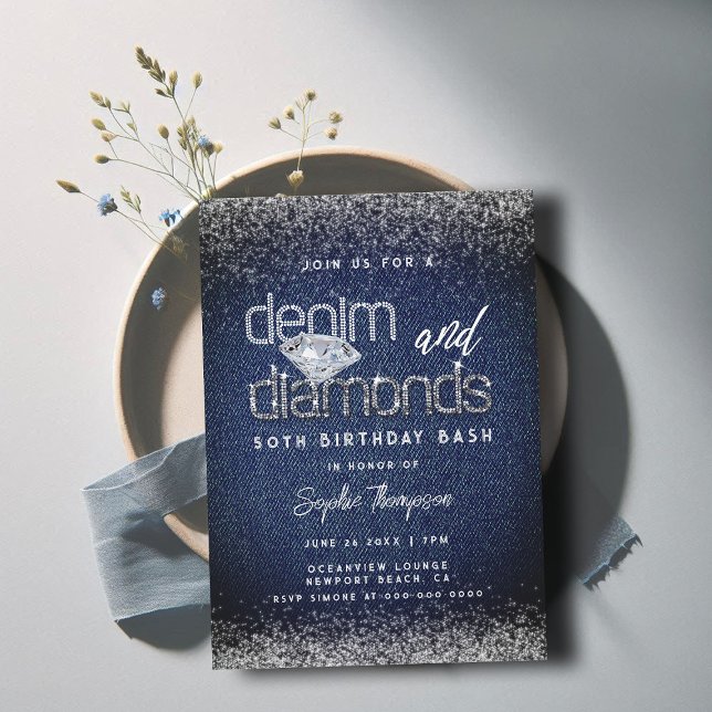 Invitación Moda de tipografía denim Diamonds 50 cumpleaños (denim diamonds 50th birthday invitation for women elegant classy bling queen dramatic)