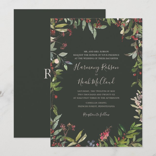 Invitación Moda de vacaciones Botánica | Boda verde oscuro In (Anverso / Reverso)