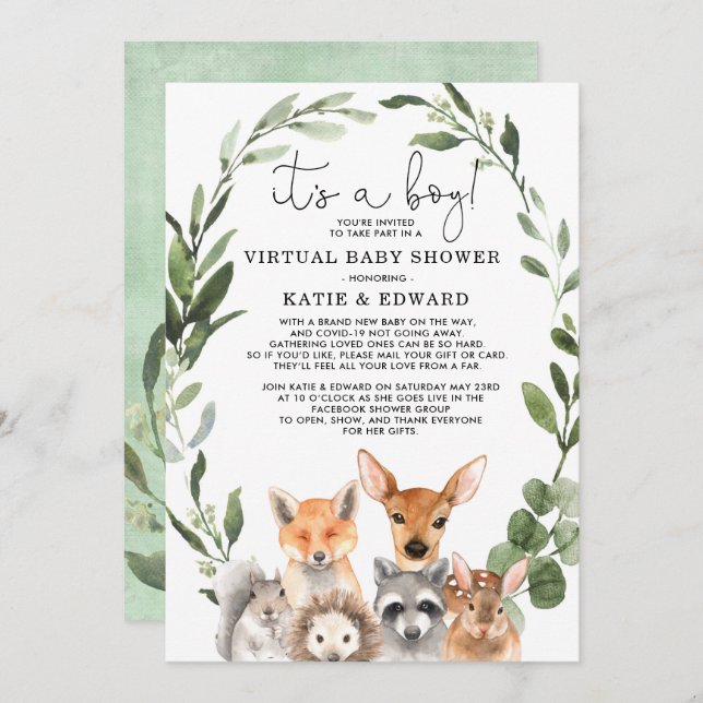 Invitación Moda de vegetación Animales Woodland Baby Shower v (Anverso / Reverso)