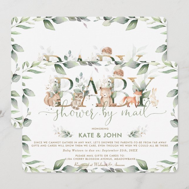 Invitación Moda de Woodland Animals Greenery Baby Shower por  (Anverso / Reverso)