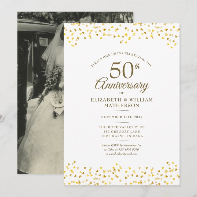 Invitación moda del 50° Aniversario del Boda Foto Corazones d (Anverso / Reverso)