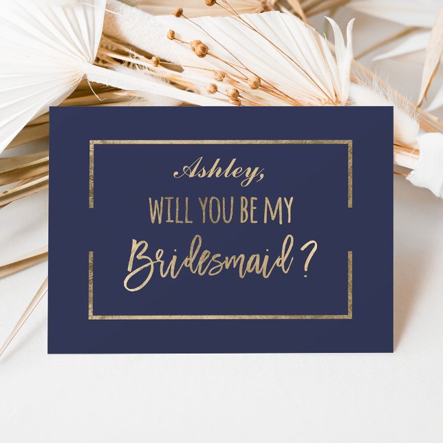 Invitación Moda del guión del marco dorado marina ser mi dama (Chic gold frame script navy be my bridesmaid invitation)