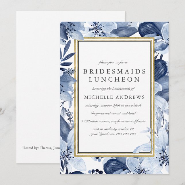 Invitación Moda del Jardín Azul Bridesmaids Boda del almuerzo (Anverso / Reverso)