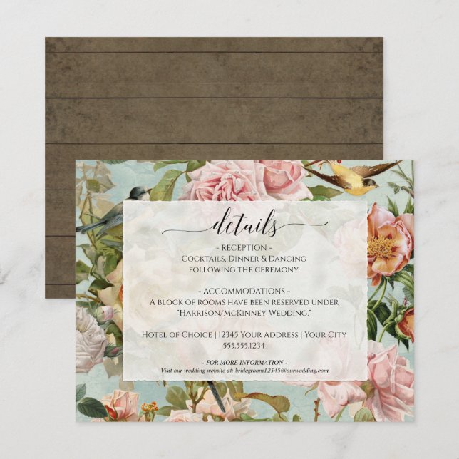 Invitación Moda del país Floral Dusty Pink Blue Wood Detalles (Anverso / Reverso)