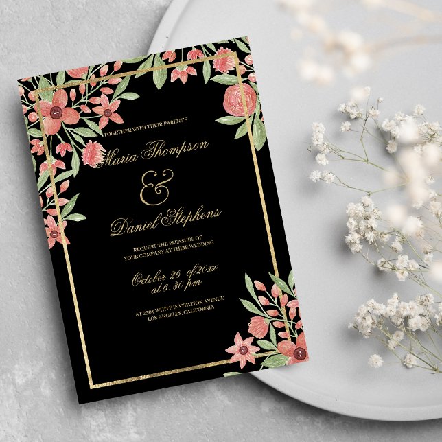 Invitación Moda del país Oro negro Boda floral verde rosado (Country Chic Black Gold Pink Green Floral Wedding )