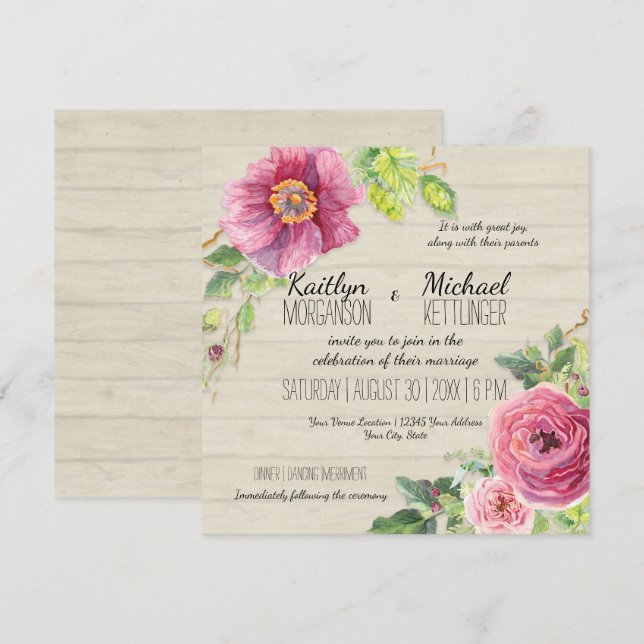 Invitación Moda del país Rosa floral rústico Peony Wood Fence (Anverso / Reverso)