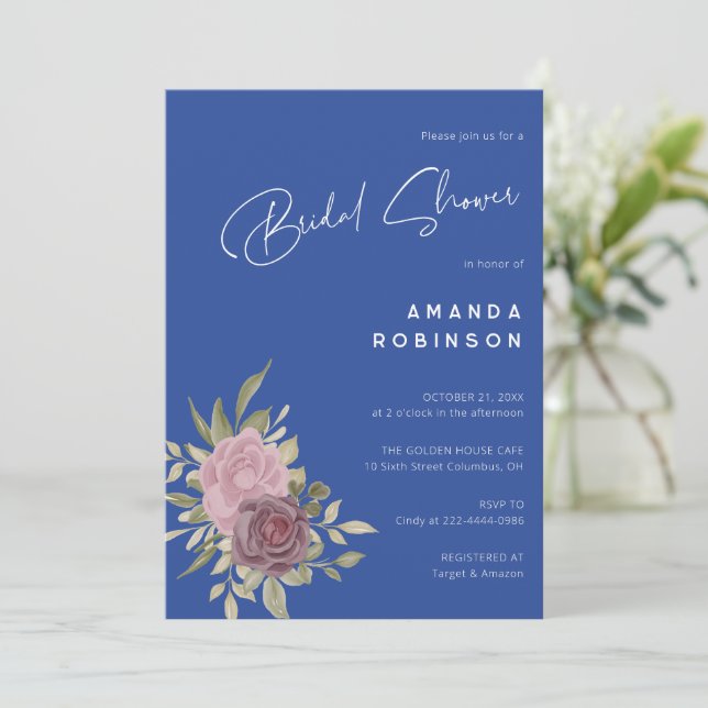 Invitación Moda Delft Ducha nupcial floral azul y blanca (Anverso de pie)